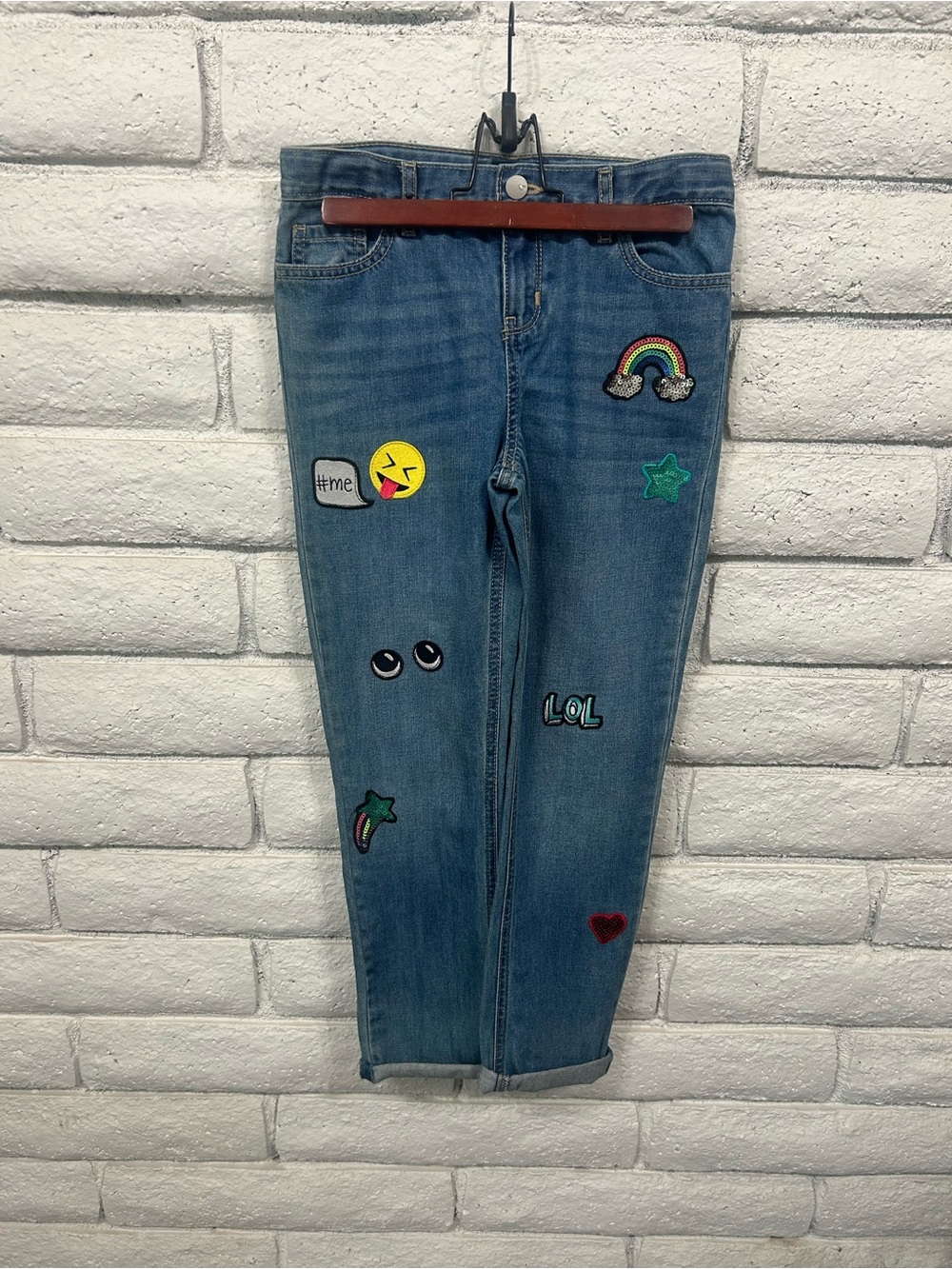The Children's Place Girls Jeans Size 10 Patch Denim Emoji Rainbow‎ Heart NWT